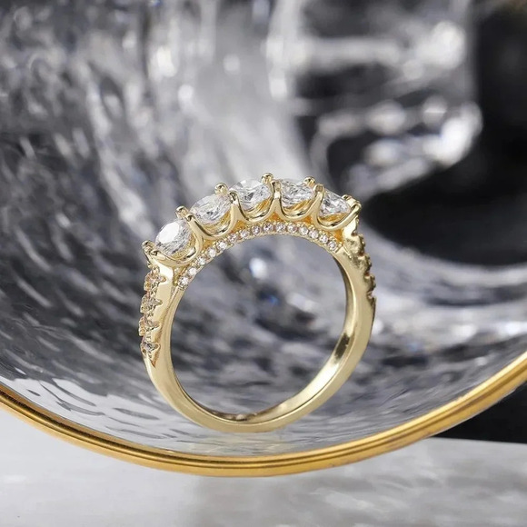 🔥14K GOLD PRONG ETERNITY ROUND CUT MOISSANITE 5 STONE ENGAGEMENT RING, K750 - Picture 6 of 7